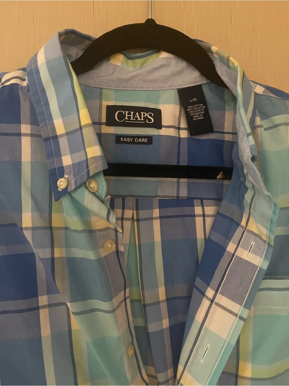 Chaps men’s large button down polo plaid blue easy care